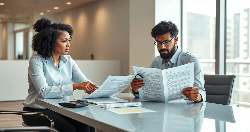 Financial counselor pointing to concerning clauses in loan documents as a worried borrower inspects fine print in a modern office setting