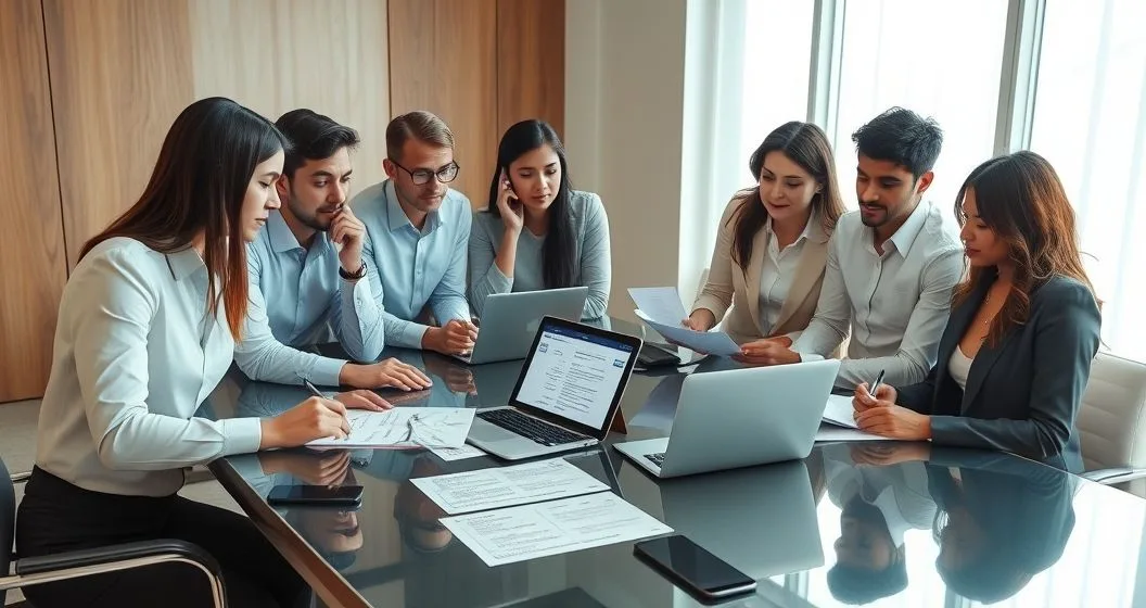 Diverse team reviewing a laptop and documents while one person calls to report a suspected financial scam