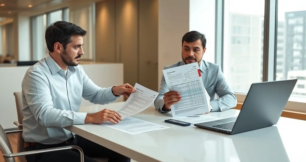Tax advisor and client comparing printed 1099 forms and a laptop spreadsheet, advisor pointing to a mismatched field while client holds supporting documents