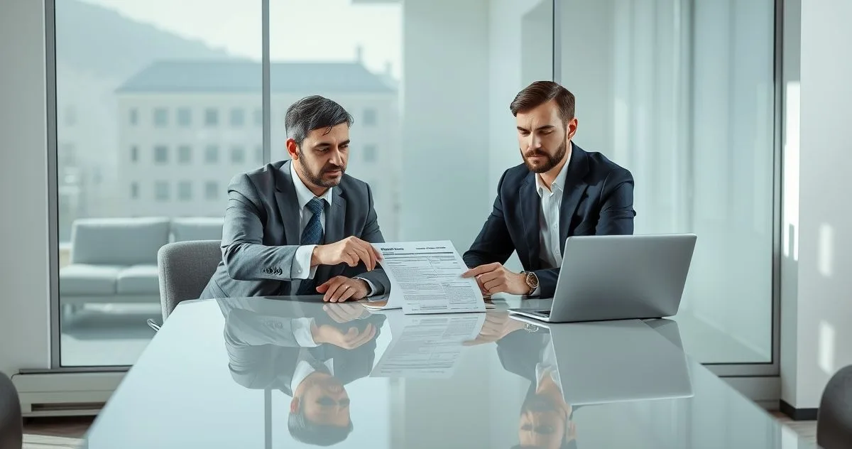Tax advisor advising a client over a returned payment notice and laptop in a modern office