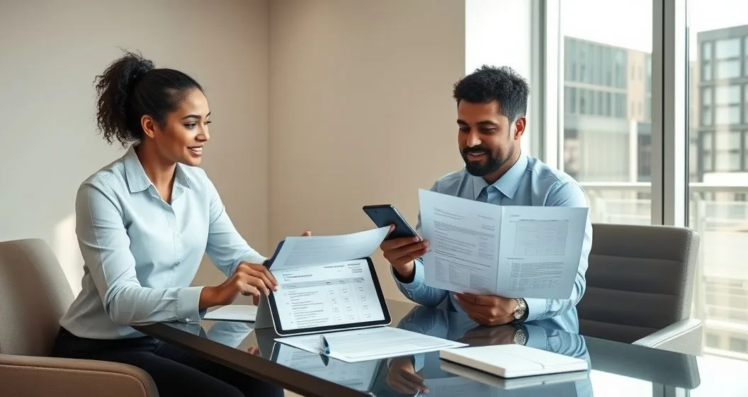 Tax advisor and client at a clean office table reviewing tax forms and a tablet timeline as the advisor points to a checklist and the client holds a smartphone