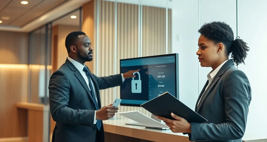 Account holder and bank officer at a modern bank counter reviewing a computer screen with a padlock over an account balance while the customer shows identification and documents