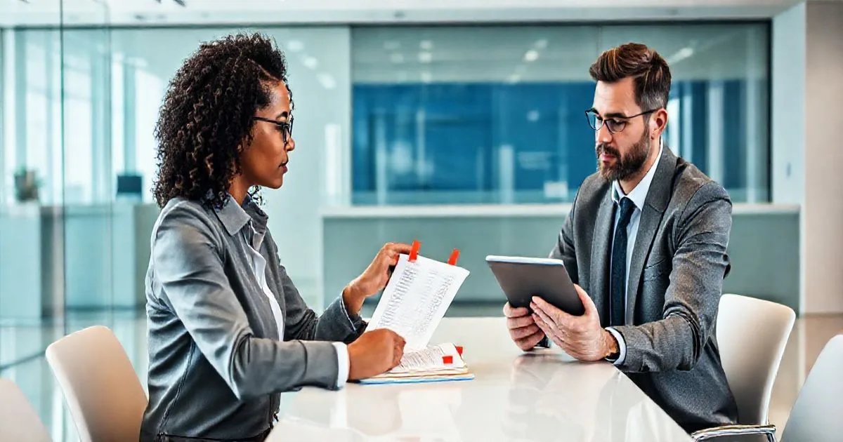 Loan officer pointing at a file with red flag tabs while an applicant explains at a bank conference table