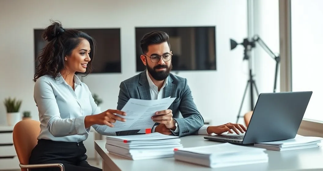 Two loan officers and an underwriter examining loan documents marked with red sticky flags while a laptop shows blurred data with red highlights.