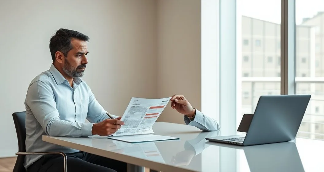 Tax advisor and client reviewing a tax notice and laptop refund summary in a modern office