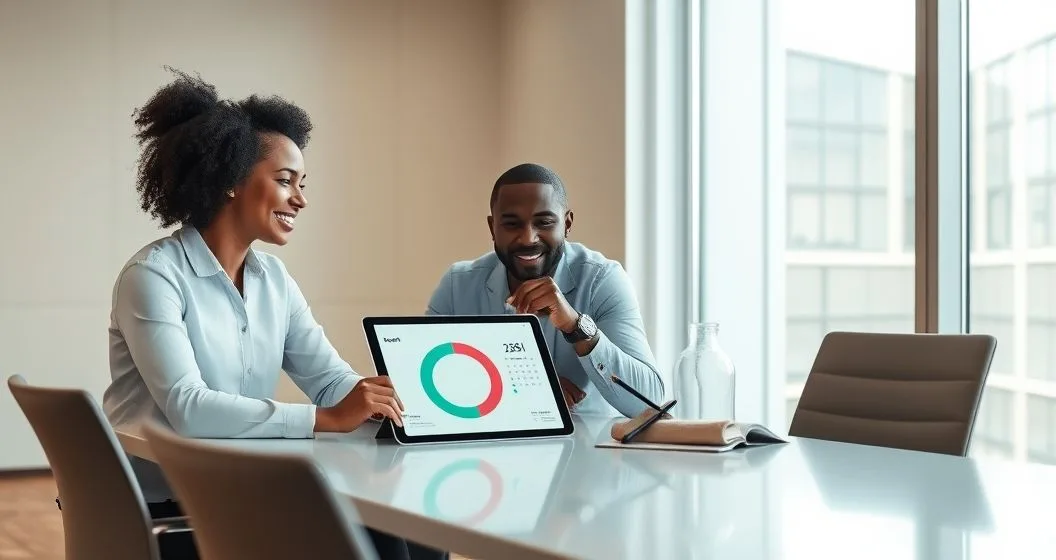 Financial advisor and client reviewing a refill plan on a tablet with a progress gauge in a modern office.
