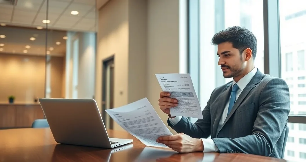 A mortgage loan officer and a newly hired borrower in a modern conference room reviewing employment documents and a laptop showing an income timeline