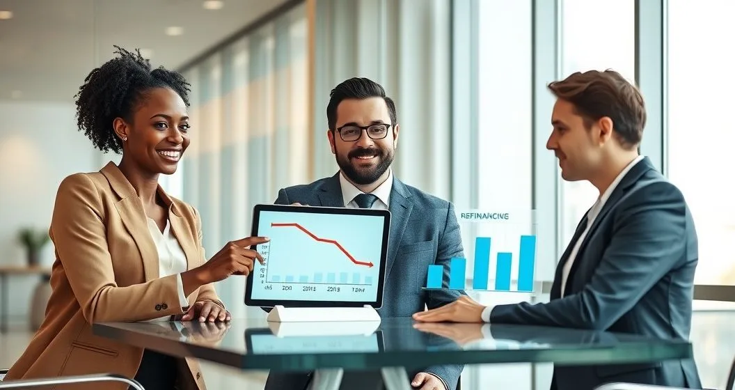 Financial advisor shows clients a tablet comparing refinancing with a lower rate and shorter timeline against a term extension with a longer calendar and higher total interest in a sleek office