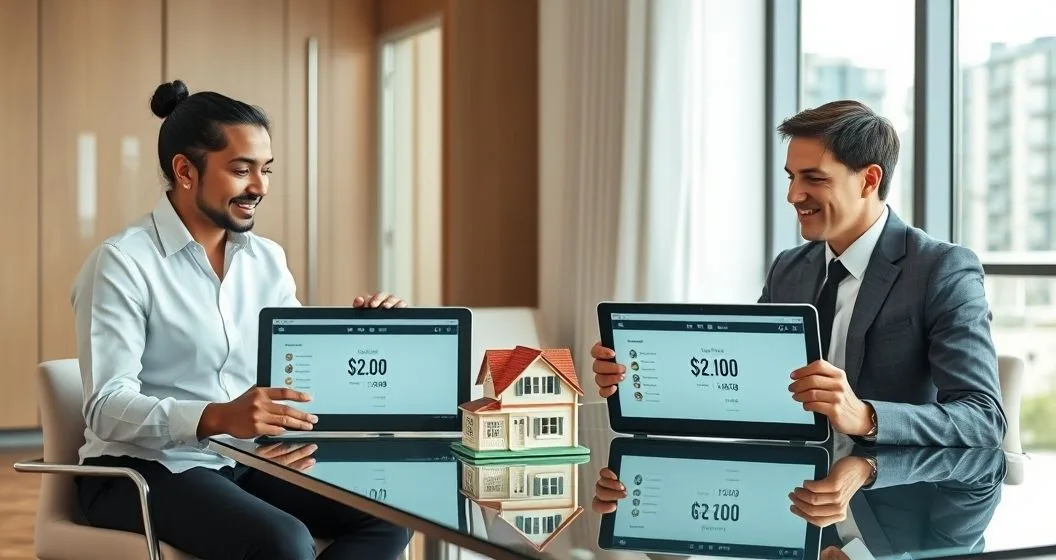 Homeowner and two advisors comparing tablets and a house model illustrating refinance and cash out refinance in a modern office
