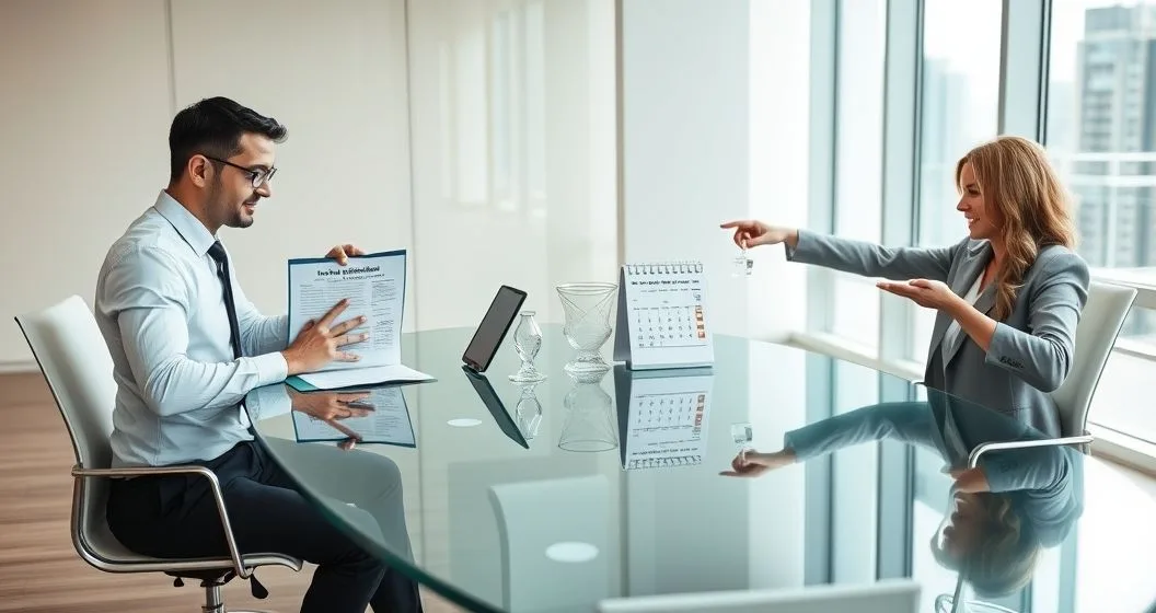 Loan officer and business owner at a conference table with one signing a new loan agreement and the other initialing a revised payment schedule and pointing at a calendar