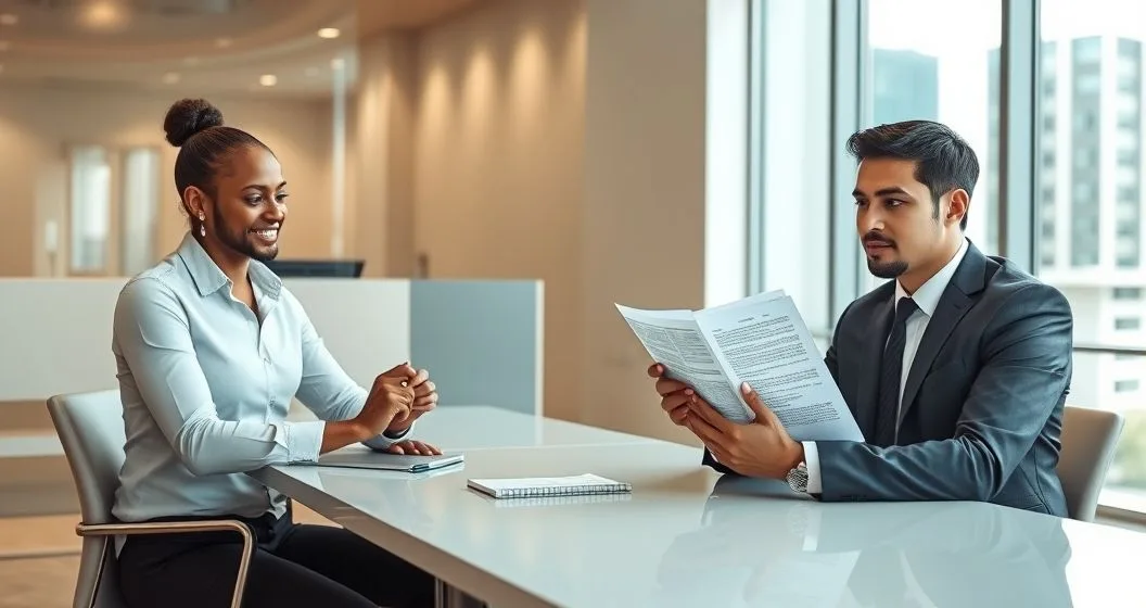 Homeowner with two financial professionals at a conference table one offering a new loan folder the other marking changes on the original loan document