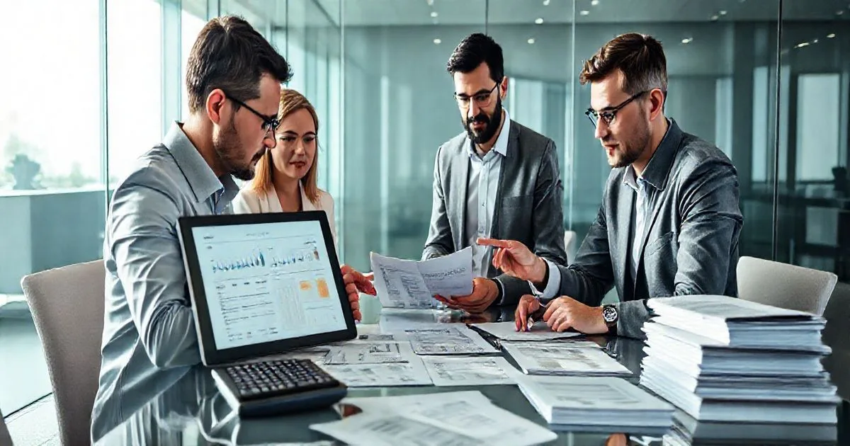 Financial team reviewing a new loan agreement and tax documents in a modern conference room