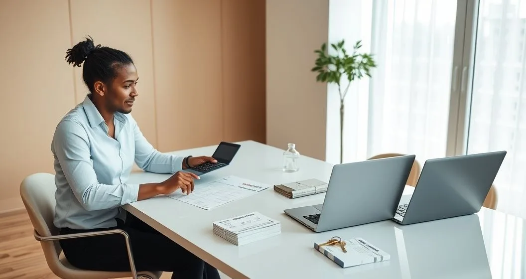 Mortgage advisor and homeowner reviewing an itemized closing costs document with a calculator and laptop on a modern office table