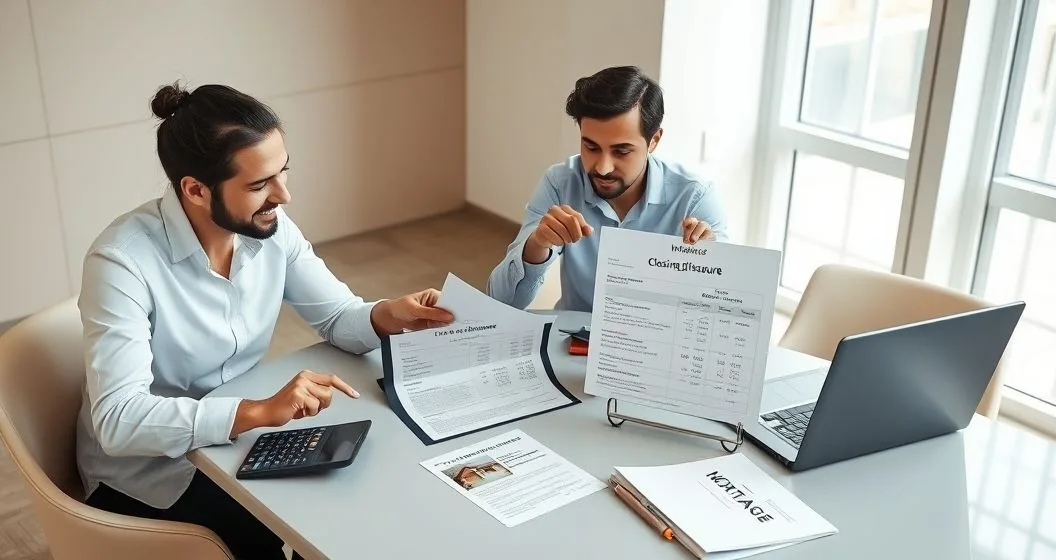 Mortgage advisor pointing at an itemized closing disclosure on a table while a diverse couple reviews costs and uses a calculator, with appraisal photo and title binder nearby