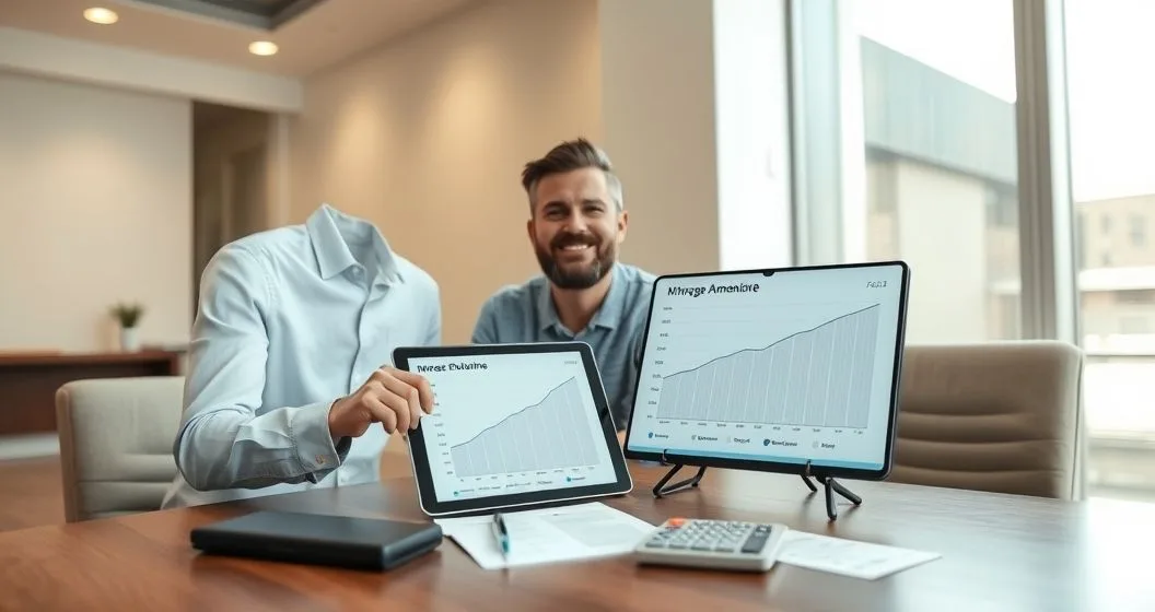 Mortgage advisor points at a tablet with an amortization chart for a diverse homeowner couple in a modern office while a loan estimate and calculator sit on the table