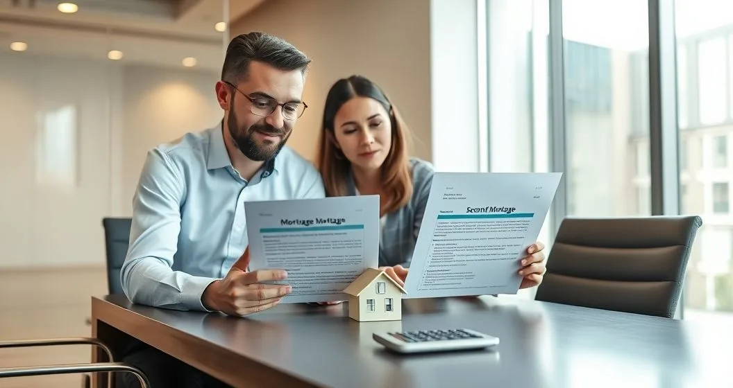 Mortgage advisor and homeowners reviewing layered mortgage documents on a tablet with a calculator and house model on a conference table indicating refinancing decisions
