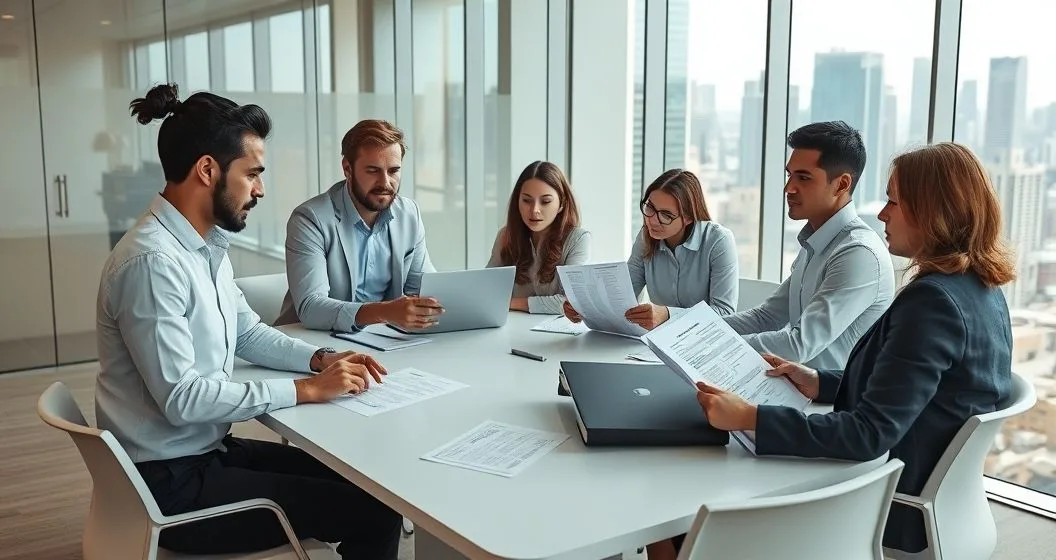 Diverse finance and real estate professionals around a conference table reviewing loan documents and a laptop spreadsheet representing steps to refinance a commercial mortgage