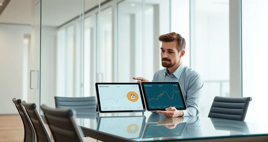 Financial advisor and borrower compare a tablet split screen showing a flat line with a padlock and a fluctuating line with a gauge to illustrate fixed and variable refinancing rates
