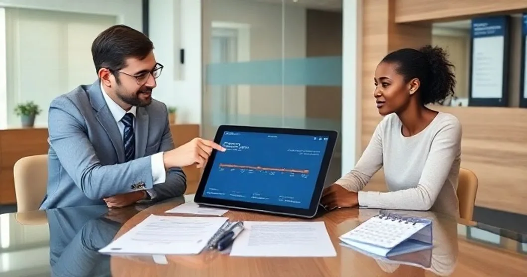 Mortgage advisor points to a tablet showing a timeline of one to seven year waiting periods while a couple listens in a modern office