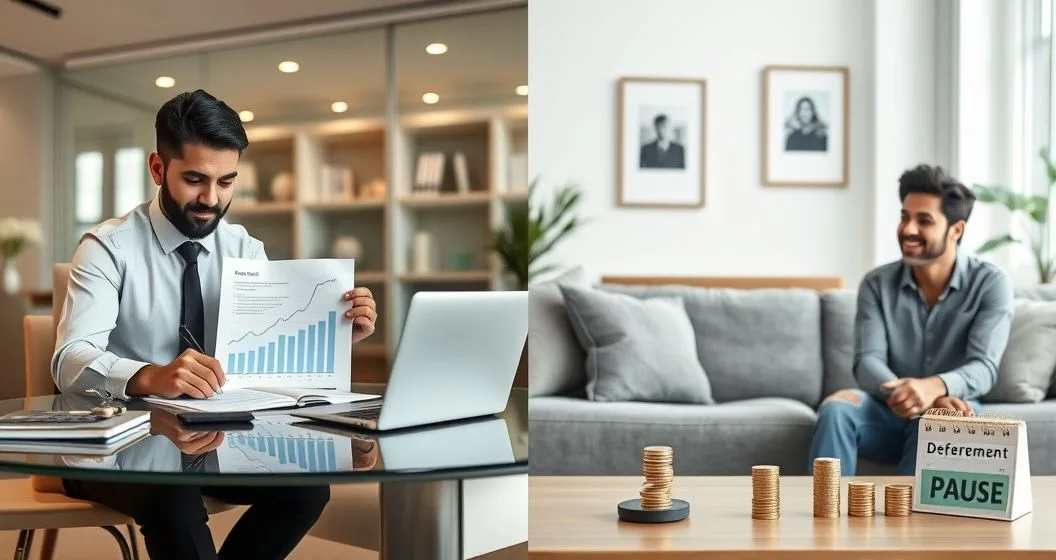 Split image: left a borrower signs a new loan in a bank office with a falling interest chart, right a borrower at home pauses payments with a calendar and accumulating coins