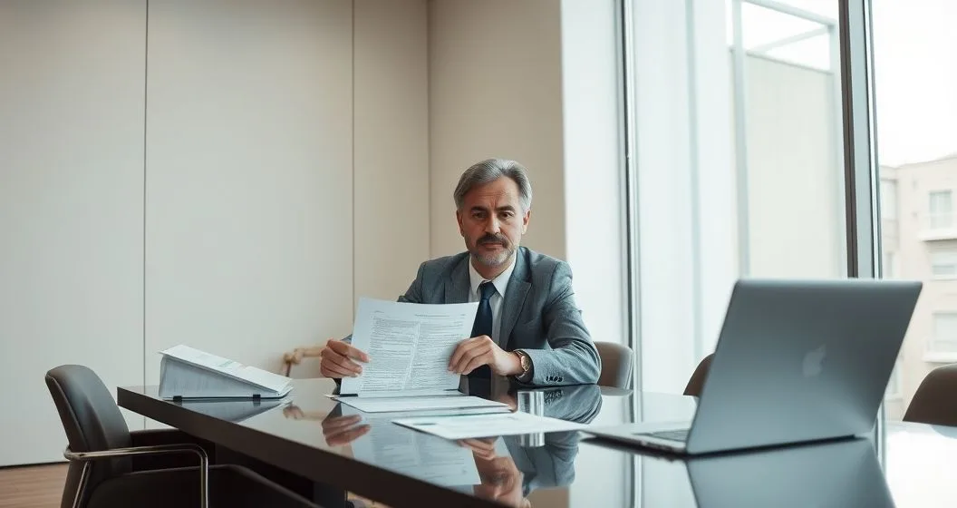 Tax advisor pointing to an injured spouse claim form as a client signs at a clean conference table with a laptop showing a blurred offset notice