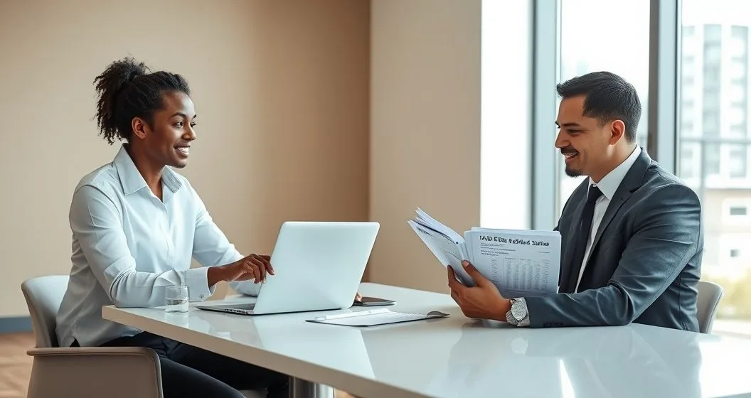 Tax advisor pointing to a laptop with a paused refund indicator while client reviews documents