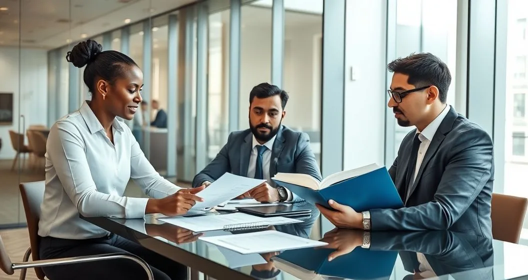 Three professionals review loan documents and a compliance checklist at a conference table in a modern office