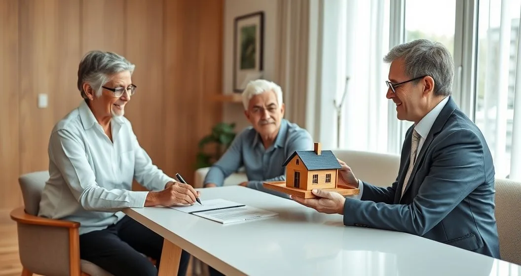 An older diverse couple signing a planned giving agreement at home while a nonprofit attorney presents a small model house to symbolize future charity ownership