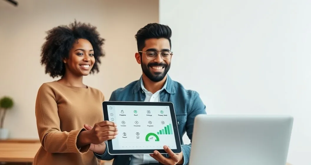 A diverse renter and a financial advisor study a tablet showing rent and utility payment icons and a rising credit score gauge in a modern office