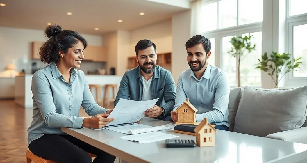 Landlord, family member, and tax advisor at a table reviewing rental paperwork and receipts in a modern home office