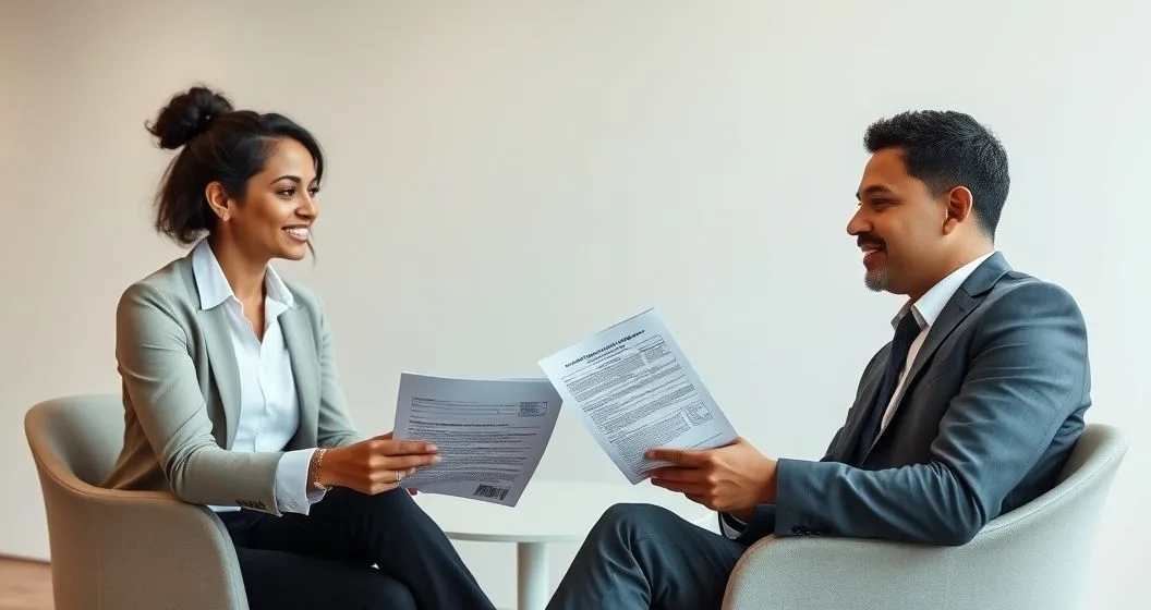 A financial advisor and a taxpayer at a conference table reviewing an updated Offer in Compromise packet with Forms 656 and 433 and supporting documents