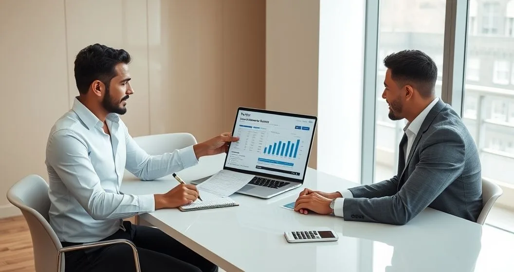 Tax advisor and client reviewing crypto transaction report and laptop with gains chart in a modern office