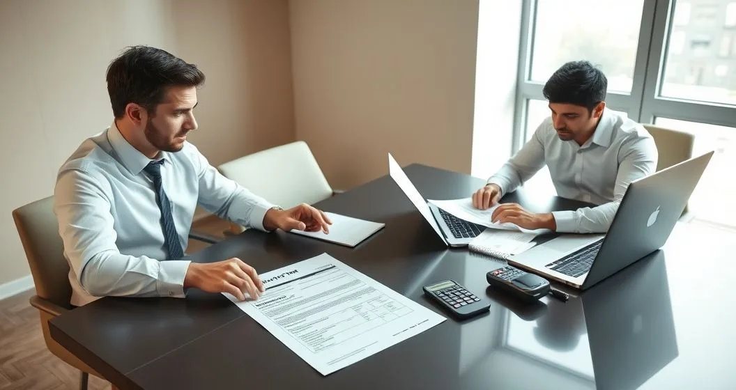 Tax advisor pointing to a Form 1099-K on a table while a small business owner looks at a smartphone and laptop.