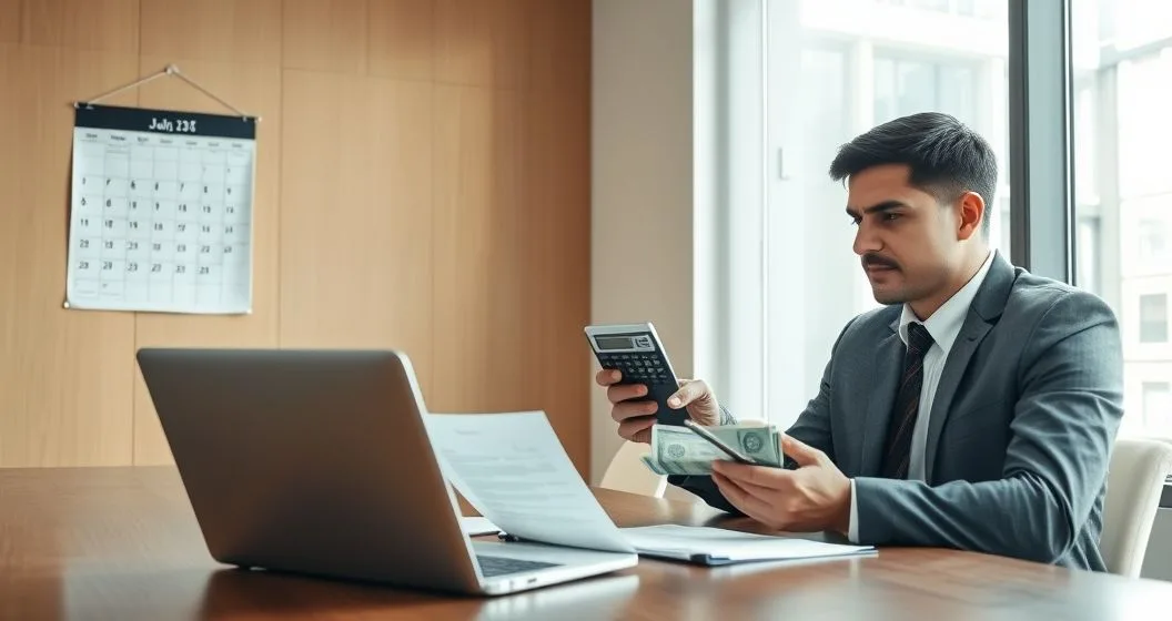 Tax advisor and taxpayer discussing a payment plan extension at a conference table with calendar bills and laptop