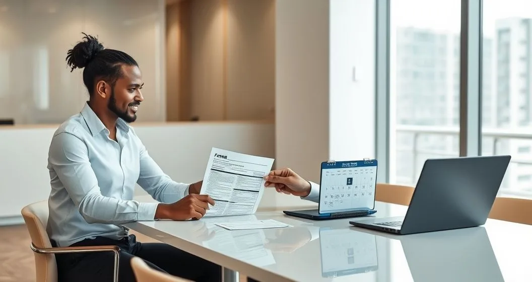 Tax advisor and client at a modern desk reviewing Form 4868 and a state extension form with laptop calendar and calculator