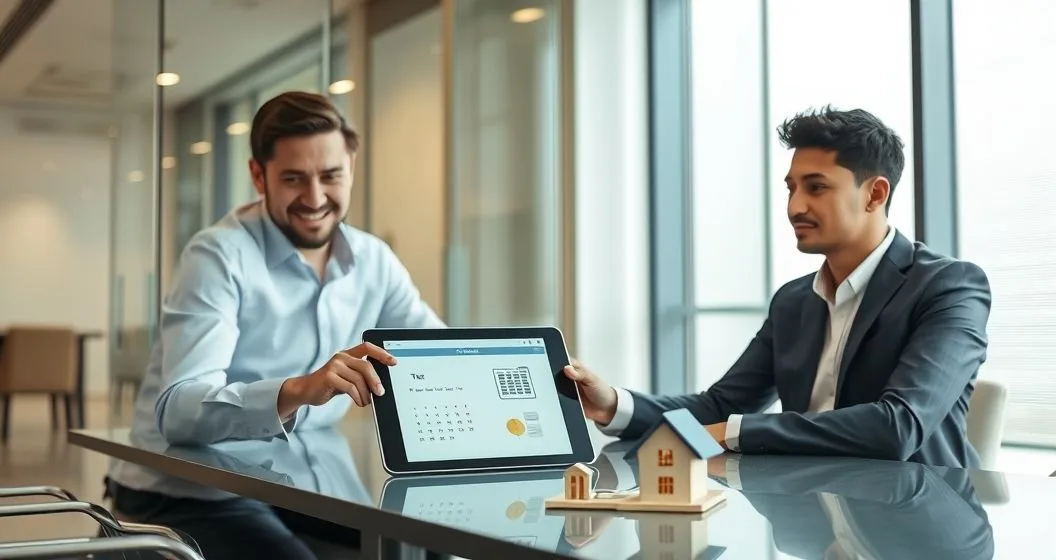 Tax advisor showing a client a tablet with calendar and house icons and small props a miniature house and passport like booklet on a conference table