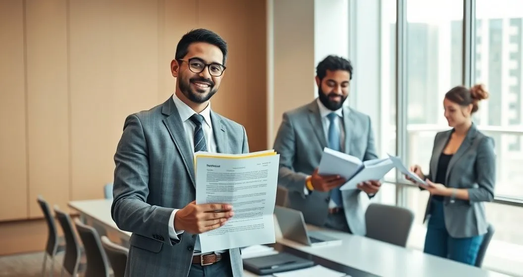 Tax professional handing an organized response packet with a cover letter and tabbed exhibits to a courier in a modern accounting office while a colleague scans receipts