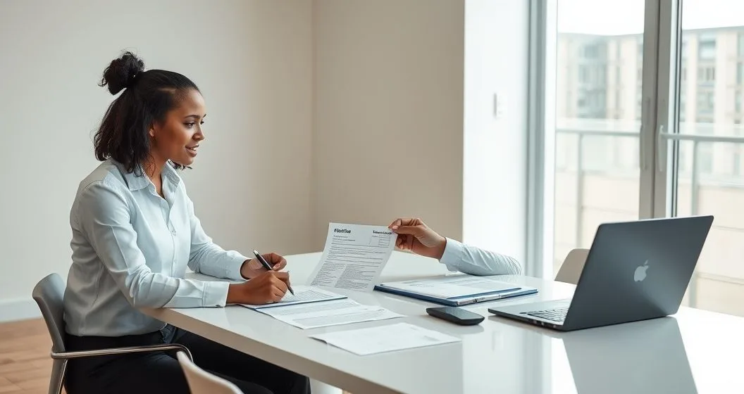 Tax advisor and client reviewing a CP2000 notice across a conference table with supporting documents and a laptop