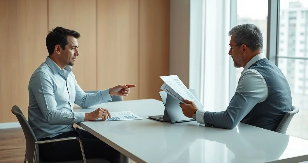 Tax auditor, business owner, and tax advisor reviewing documents across a conference table in a modern office