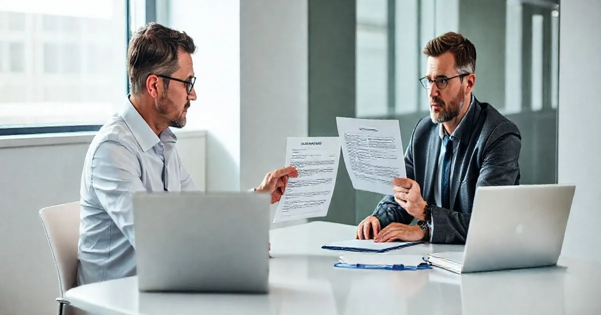 Tax advisor pointing to a Substitute Notice document with a concerned client in a modern office