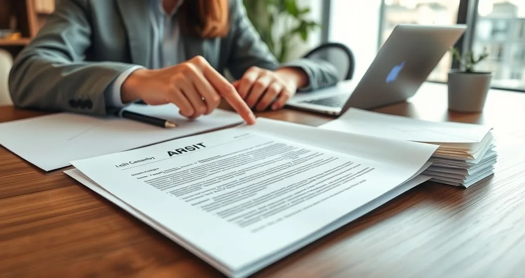 Tax advisor and client reviewing an IRS audit letter and organizing supporting documents at a clean office desk