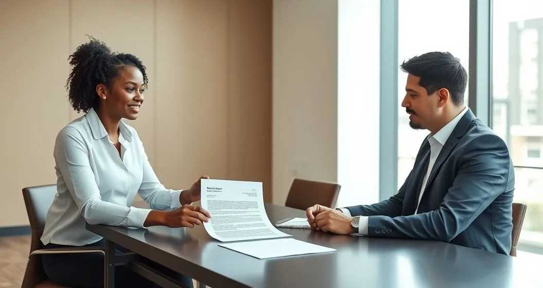 Tax advisor places an organized packet with a cover letter and supporting documents on a conference table while a client reviews them in a modern office.