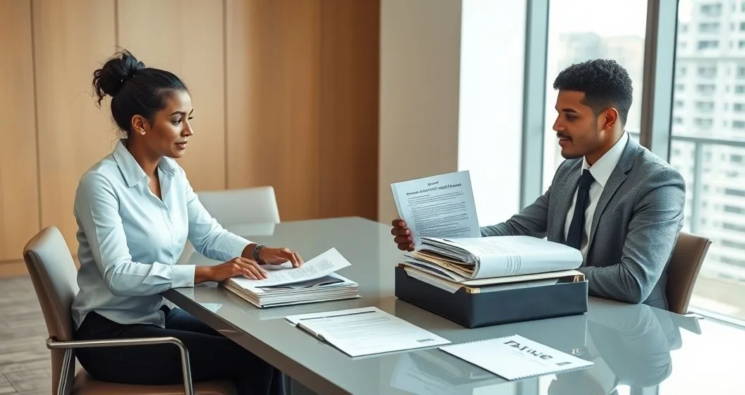 Two professionals at a clean conference table preparing a labeled response package with cover letter, indexed list and proof of delivery receipt