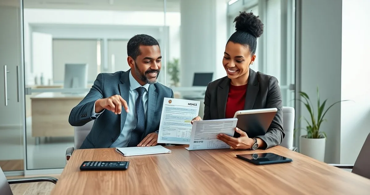 Tax advisor and client reviewing an IRS notice and a 1099 INT form at a modern desk