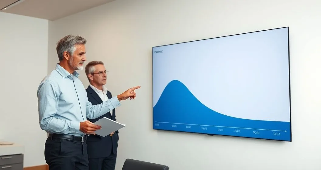 Financial advisor points to a large area chart showing a gradual shift from blue equities to grey bonds as a mature couple looks on in a modern office