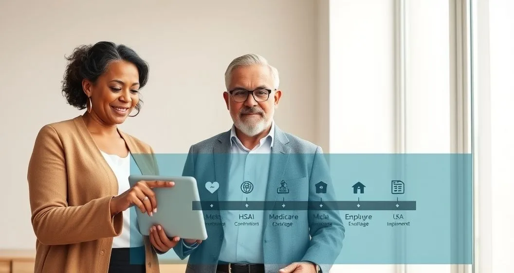 Financial advisor showing a healthcare timeline on a tablet to a diverse older couple in a modern office