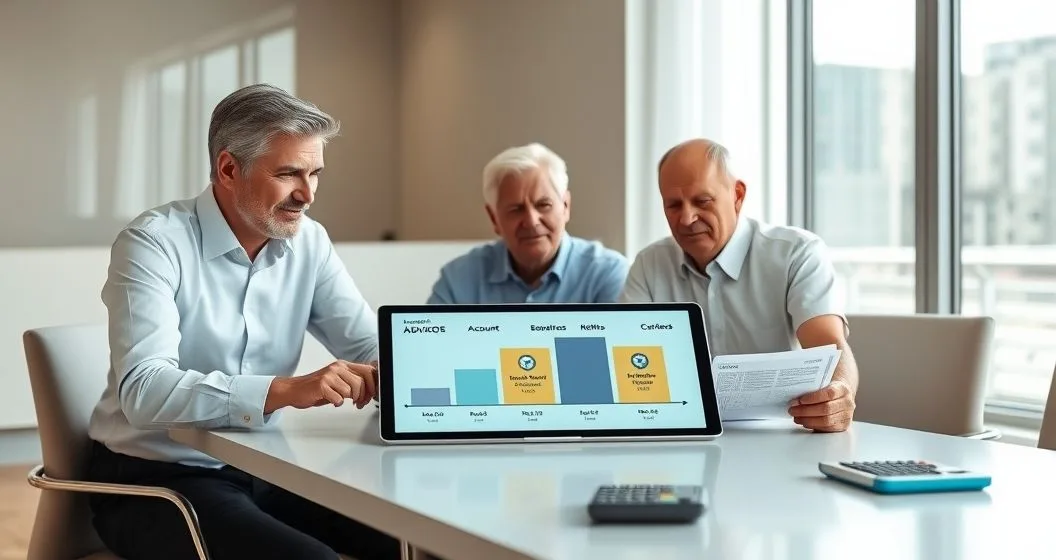 Financial advisor pointing to a tablet timeline that shows three account stacks and arrows while a retired couple listens at a modern conference table.