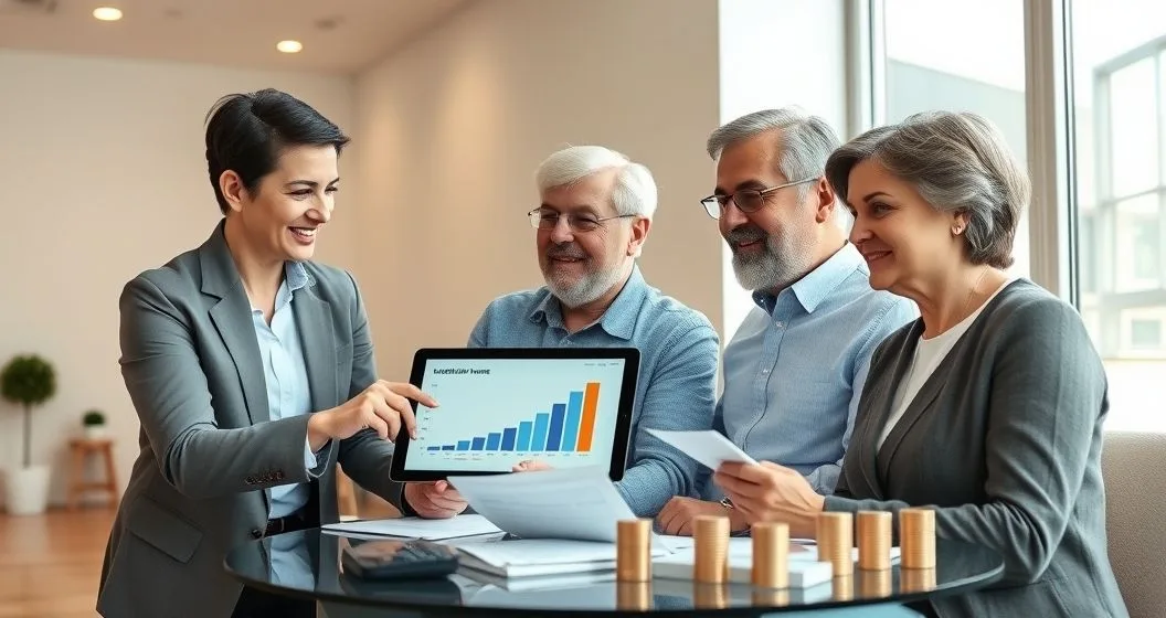 Financial advisor points to a tablet showing a retirement income gap chart while a diverse couple reviews documents a calculator and coin stacks in a modern office