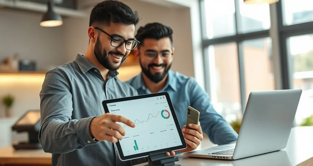 Founder and investor review a tablet sales dashboard showing revenue share flowing from daily card sales to a repayment progress meter in a modern small business setting.