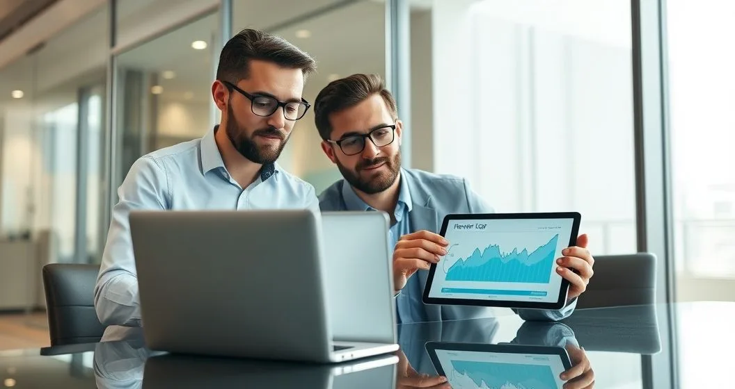 Two professionals in a modern meeting room studying a laptop and tablet showing a fluctuating revenue chart and a repayment cap gauge illustrating payments that rise and fall with sales